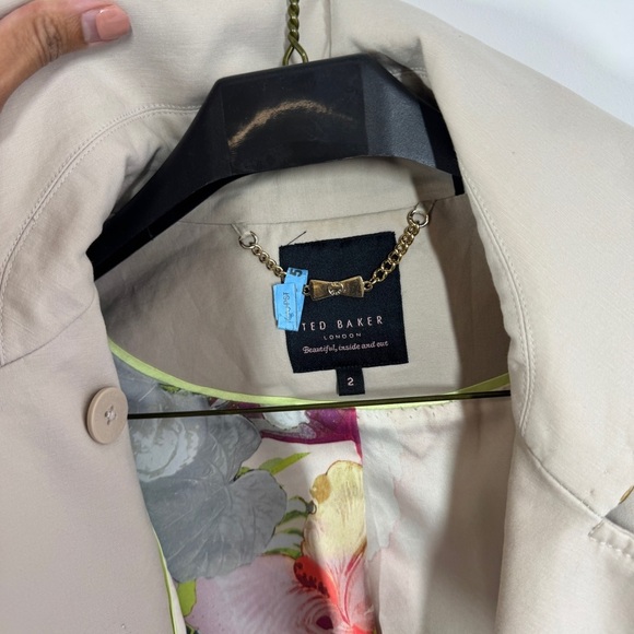 Ted Baker London Beige Trench Coat Size 2 Double Breasted Floral Lined Jacket - Picture 10 of 15